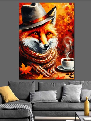 Kahve Içen Tilki Dekoratif Kanvas - Mdf Ahşap Tablo