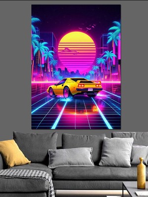 Neon Araba Gecesi Dekoratif Kanvas - Mdf Ahşap Tablo