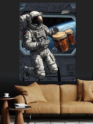 Bongo Çalan Astronot Dekoratif Kanvas - Mdf Ahşap Tablo