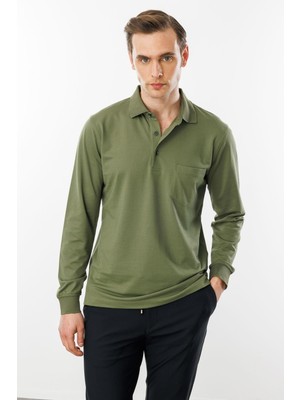 Desen Triko Erkek Polo Yaka Cepli Uzun Kollu Sweatshirt Haki