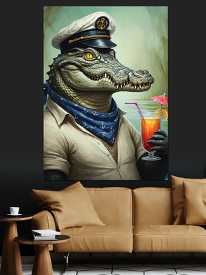 Kokteyl Içen Timsah Dekoratif Kanvas - Mdf Ahşap Tablo