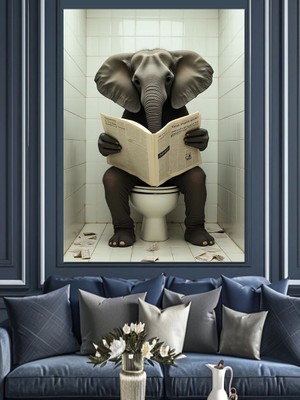 Gazete Okuyan Fil Dekoratif Kanvas - Mdf Ahşap Tablo