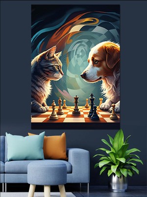 Satranç Oynayan Kedi Dekoratif Kanvas - Mdf Ahşap Tablo