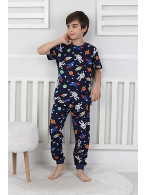 Erkek Çocuk %100 Pamuk Yazlık Kısa Kollu Pijama Takımı - Gezegen ve Uzay Temalı
