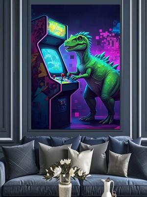 Dinozor Arcade Dekoratif Kanvas - Mdf Ahşap Tablo