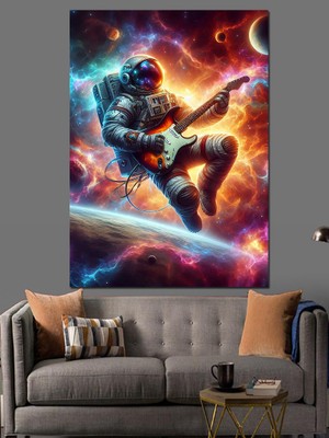 Uzayda Gitar Çalan Astronot Dekoratif Kanvas - Mdf Ahşap Tablo