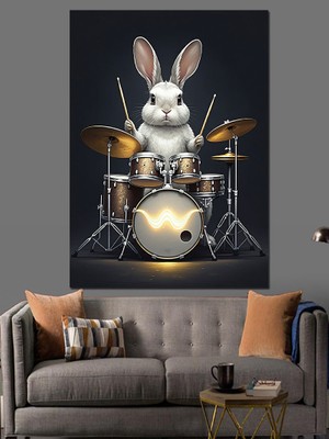 Davul Çalan Tavşan Dekoratif Kanvas - Mdf Ahşap Tablo