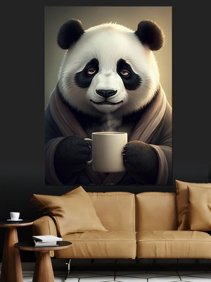 Kahve Içen Panda Dekoratif Kanvas - Mdf Ahşap Tablo