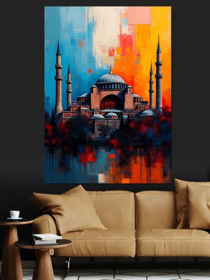 Renkli Istanbul Silüeti ve Camiler Dekoratif Kanvas - Mdf Ahşap Tablo