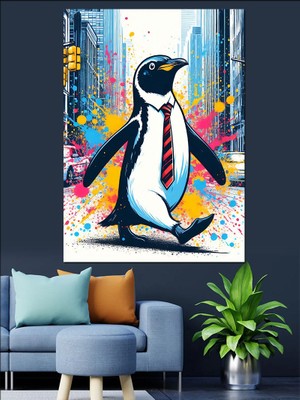Kravatlı Penguen Dekoratif Kanvas - Mdf Ahşap Tablo