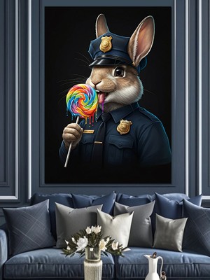 Şekerli Tavşan Polis Dekoratif Kanvas - Mdf Ahşap Tablo