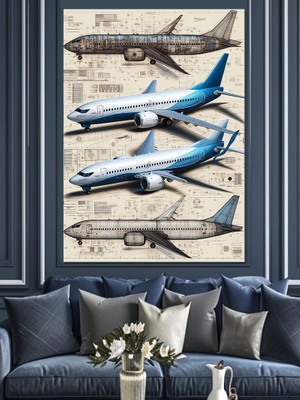 Uçak Tasarım Çizimleri Dekoratif Kanvas - Mdf Ahşap Tablo