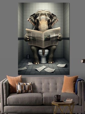Gazete Okuyan Fil Dekoratif Kanvas - Mdf Ahşap Tablo