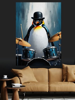 Bateri Çalan Penguen Dekoratif Kanvas - Mdf Ahşap Tablo