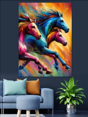 Rengarenk Koşan Atlar Dekoratif Kanvas - Mdf Ahşap Tablo