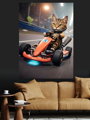 Go-Kart Kullanan Kedi Dekoratif Kanvas - Mdf Ahşap Tablo