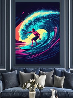 Neon Sörfçü Dekoratif Kanvas - Mdf Ahşap Tablo