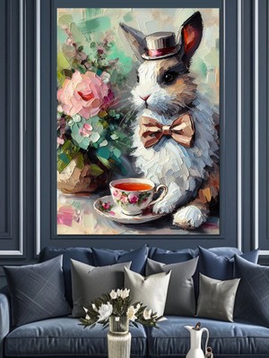 Çay Içen Tavşan Dekoratif Kanvas - Mdf Ahşap Tablo