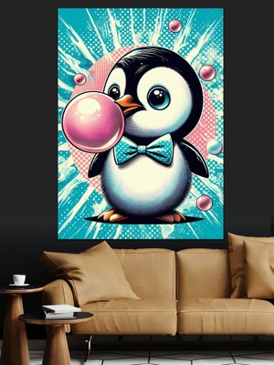 Sakız Çiğneyen Penguen Dekoratif Kanvas - Mdf Ahşap Tablo