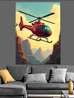 Kırmızı Helikopter ve Manzara Dekoratif Kanvas - Mdf Ahşap Tablo