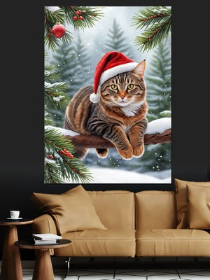 Noel Baba Şapkalı Kedi Dekoratif Kanvas - Mdf Ahşap Tablo