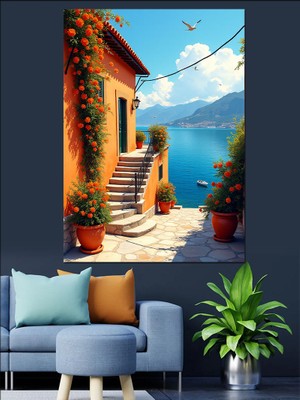 Akdeniz Ev Manzarası Dekoratif Kanvas - Mdf Ahşap Tablo