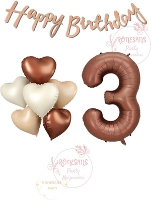 Rönesans Happy Bıthday Yazılı Kahverengi Renk Rakam ve Kalpli Folyo Balon Seti Yaş 3