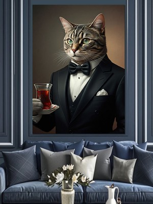 Şık Kedinin Zarafeti ve Çay Dekoratif Kanvas - Mdf Ahşap Tablo