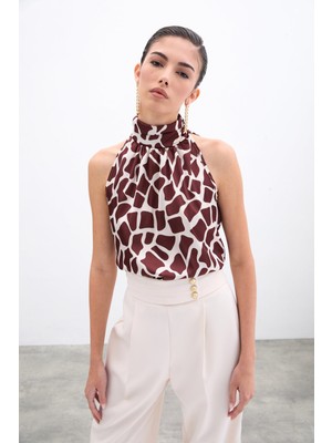 Boğazlı Kolsuz Bluz - Bej-Kahve