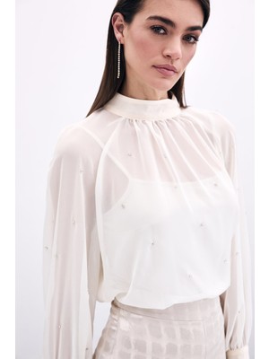 Taş Detaylı Transparan Bluz - Krem