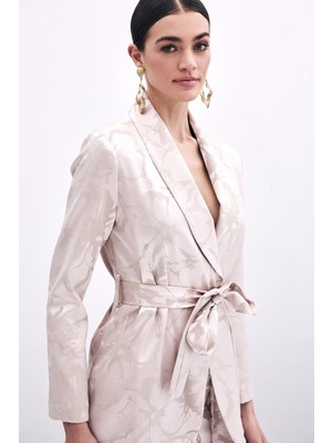 Desenli Uzun Ceket - Pudra