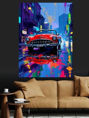 Gece Kırmızı Araba Dekoratif Kanvas - Mdf Ahşap Tablo