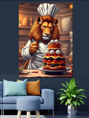 Aslan ve Pasta Dekoratif Kanvas - Mdf Ahşap Tablo