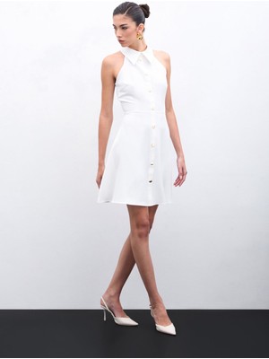 Çıtçıtlı Kısa Elbise - Ekru