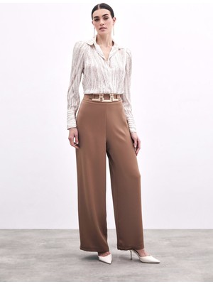 Bel Kemerli Saten Krep Pantolon - Camel