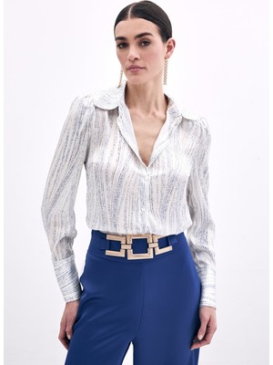 Geniş Manşetli Gömlek - Ekru-Mavi