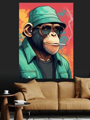 Sigara Içen Maymun Dekoratif Kanvas - Mdf Ahşap Tablo