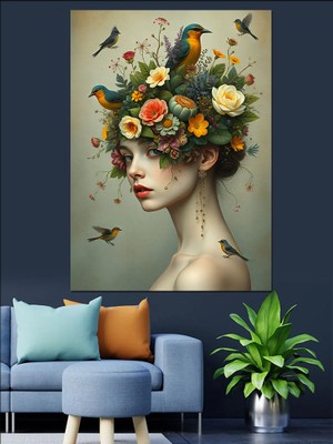 Çiçek Taçlı Doğa Tanrıçası Dekoratif Kanvas - Mdf Ahşap Tablo