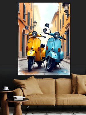 Renkli Vespa Motorları Dekoratif Kanvas - Mdf Ahşap Tablo