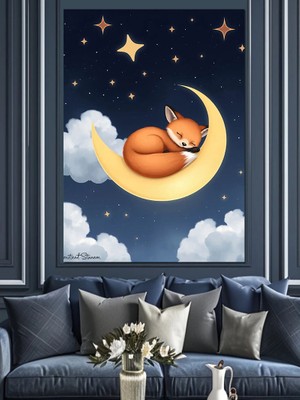 Ayda Uyuyan Tilki Dekoratif Kanvas - Mdf Ahşap Tablo