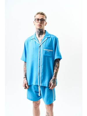 Respire Erkek Nakışlı Oversize Keten Gömlek Şort Takım Mavi