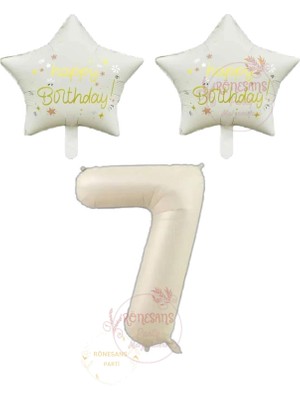 Rönesans Bej Rakam ve Happy Bırthday Yazılı Yıldız Folyo Balon Seti Yaş 7