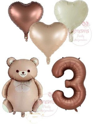 Rönesans Kahverengi Renk Rakam Ayıcıklı ve Kalpli Folyo Balon Seti Yaş 3