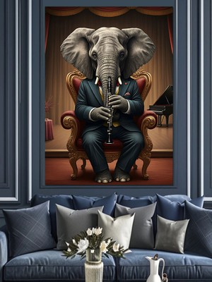 Klarnet Çalan Fil Dekoratif Kanvas - Mdf Ahşap Tablo