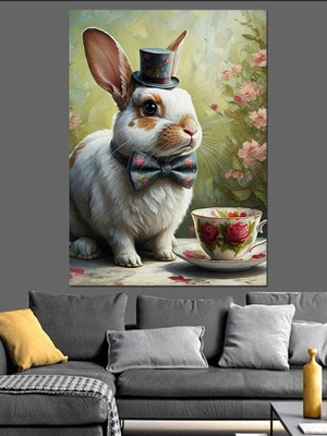 Çay Içen Tavşan Dekoratif Kanvas - Mdf Ahşap Tablo