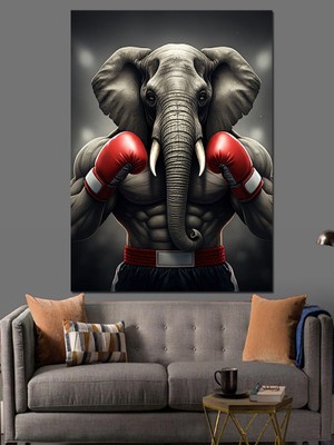 Boks Eldiveni Takmış Fil Dekoratif Kanvas - Mdf Ahşap Tablo