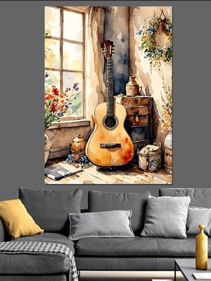 Pencere Kenarındaki Gitar Dekoratif Kanvas - Mdf Ahşap Tablo