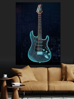 Mavi Elektro Gitar Dekoratif Kanvas - Mdf Ahşap Tablo