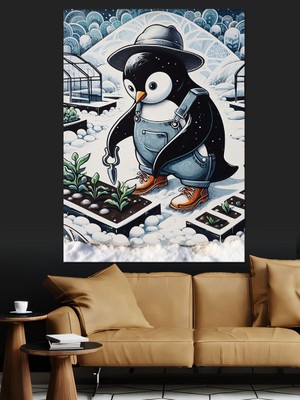 Karlı Bahçivan Penguen Dekoratif Kanvas - Mdf Ahşap Tablo