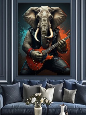 Gitar Çalan Fil Dekoratif Kanvas - Mdf Ahşap Tablo